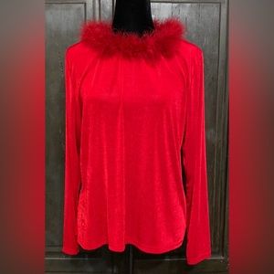 Carol Rose red longsleeves with feather collar blouse size 2X